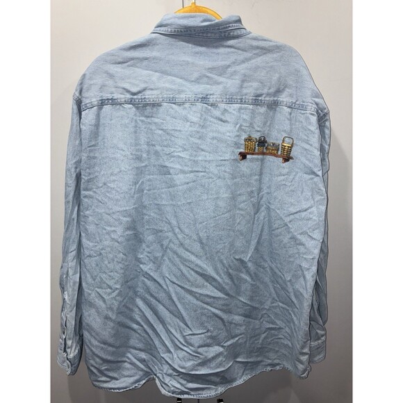 90s Real Good Denim Sport Shirt XL Made in Hong Kong Basket Embroidery Cottage - Picture 5 of 8